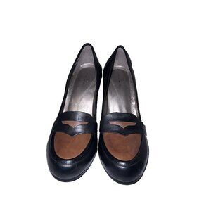 TAHARI Salena Black and Brown Colorblock Leather Penny Loafer Style Pumps Sz 7M